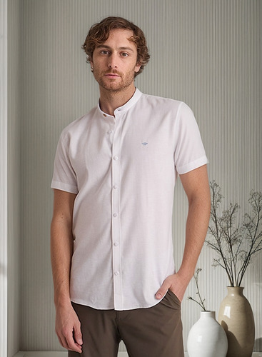 Camisa Porto Blanco Lino Blanca Cuello Mao- Estilo Moderno