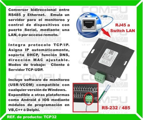 Imagen 3 de 6 de Convertidor De Ethernet A Rs485 Ref: Tcp32 Computoys Sas