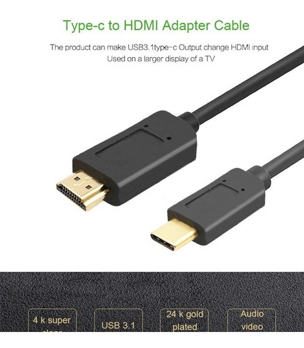 Imagen 2 de 6 de Cable Adaptador Usb 3.1 Type C A Hdmi 2 Metros 4k 1080p