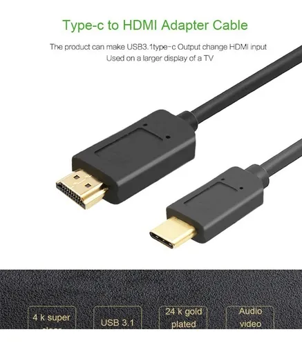 Cable Adaptador Usb 3.1 Type C A Hdmi 2 Metros 4k 1080p