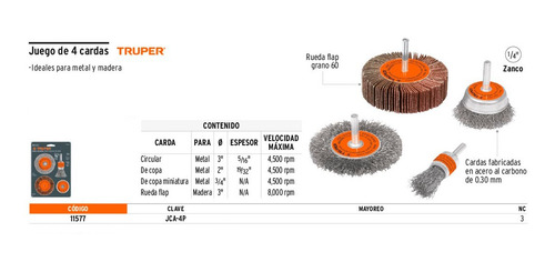 Set Juego Kit Cepillos Acero Para Taladro Truper 4 Pz 11577