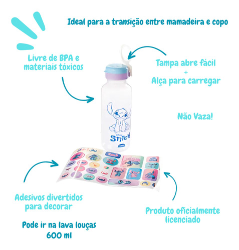 Garrafa Com Adesivos Stitch Unicornio 600ml Plasútil