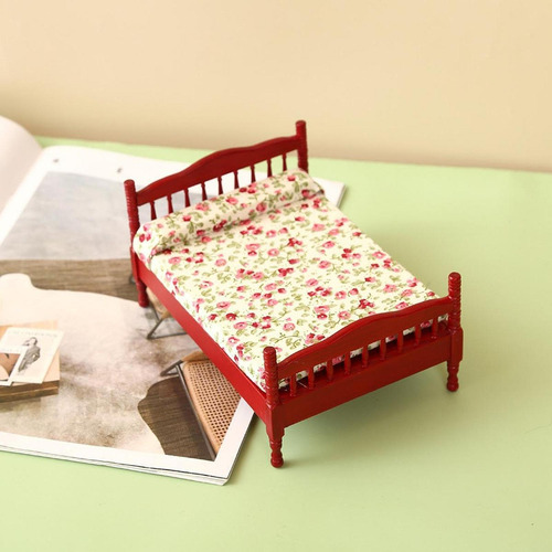 1:12 Casa De Bonecas Modelo De Cama De Casal, Cama Vermelho