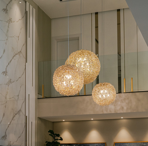 Luminárias Esféricas Cristal 2x Dourada Pé Direito Duplo