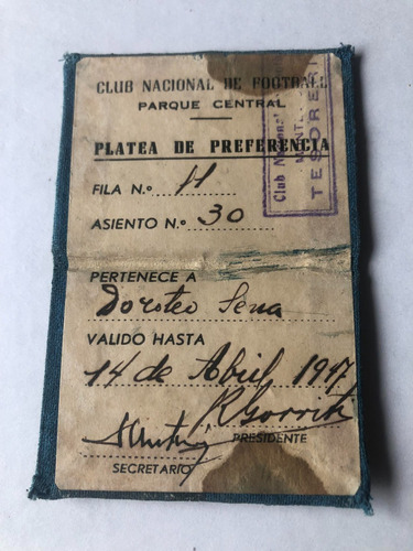 Carnet Butaquista Parque Central Año 1947 Club Nacional Foot