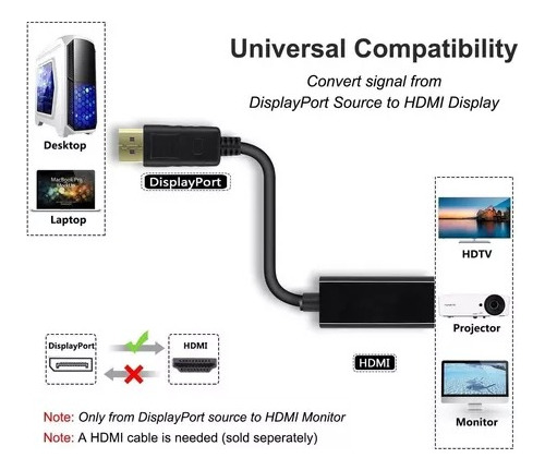 Cable Adaptador Convertidor Displayport Dp A Hdmi 4k Laptop