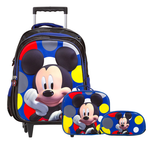 Kit Mochila Infantil Masculina Mickey Rodinhas + Lancheira