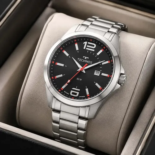 Relógio Masculino Technos Racer Grande 46 Milímetros Aço Inoxidável Analógico Prateado Mostrador Preto Detalhes em Vermelho Performance Calendário Prova D'Água 50m 2115GUS1R