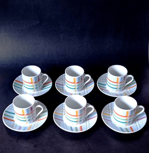 Juego De Seis Tazas De Café Porcelana Blanca Rayas Colores