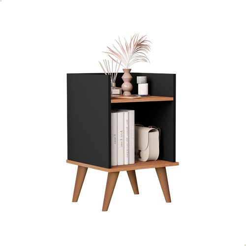 Mesa De Cabeceira Pés Palito Retrô Nicho Prateleira Quarto Cor Preto Com Nature