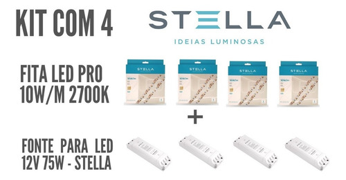 Imagem 1 de 5 de Kit Com 4 Fita 10w/m 2700k Stella + 4 Fonte 12v 75w Stella