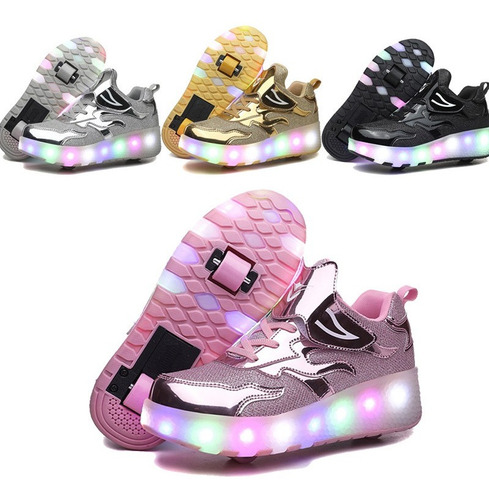 Zapatillas Movimiento Infantiles Rosas Con Ruedas Luces Led