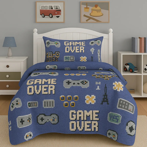Kit Colcha Cobre Leito Infantil Menino Menina Solteiro 2 Pçs Cor Azul-aço Gamer