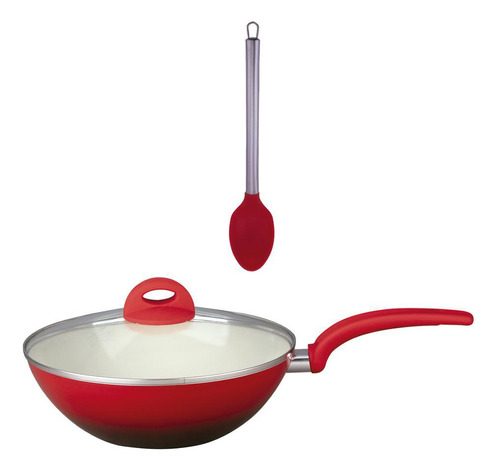 Panela Wok Cerâmica 2,5mm + Colher Silicone Kit 2 Peças