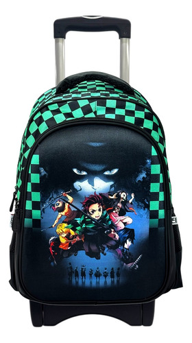 Mochila Demon Slayer Original Fotorama Primaria Con Ruedas Verde Lisa