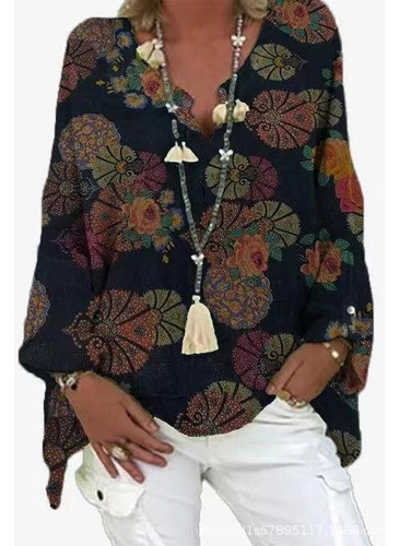 Blusa Holgada De Manga Larga Con Estampado Boho Para Mujer