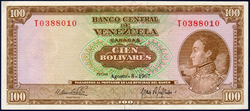 Billete De 100 Bolívares T7 Agosto 8 De 1967 Simón Bolívar