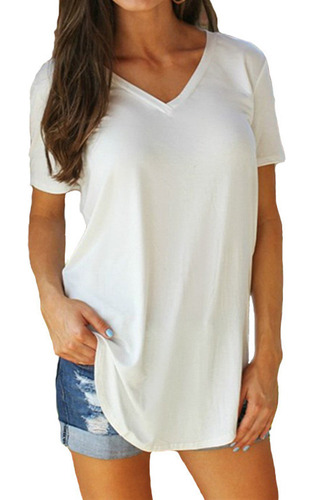 Camiseta Casual Suelta De Cuello V Grande Para Mujeres