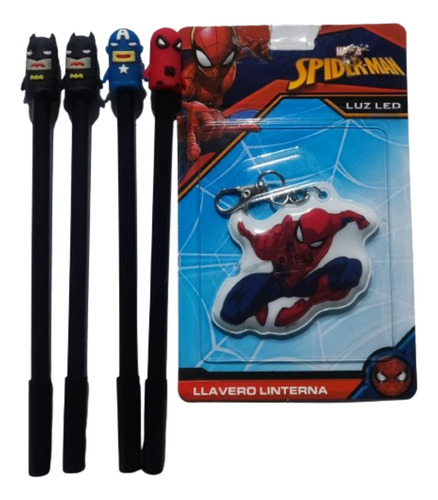 Lote De Lapiceras Heroes Y Llavero Con Luz Spiderman Origina