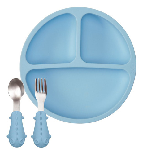 Kit Pratinho Ventosas Talheres Em Silicone E Inox Azul Buba