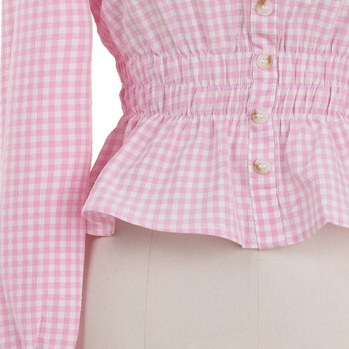 Imagen 5 de 7 de Blusa Corta Manga Larga Peplum Cuadros Botones Romántica.