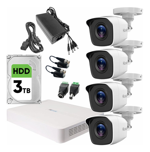 Hilook Kit Cctv Turbo Hd De 4 Cámaras Metálicas 720p + Disco Duro3 Tb Kit Video Vigilancia De Alta Resolución Con Visión Nocturna