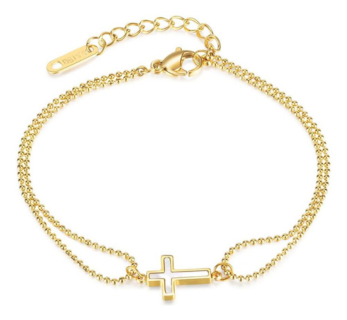 Agriajun Pulsera De Cuentas De Oro Con Cruz De Concha Blanca