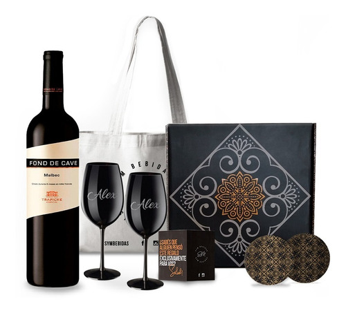 Box Vino Fond De Cave 2 Copas Negras Grabadas Estuche Regalo