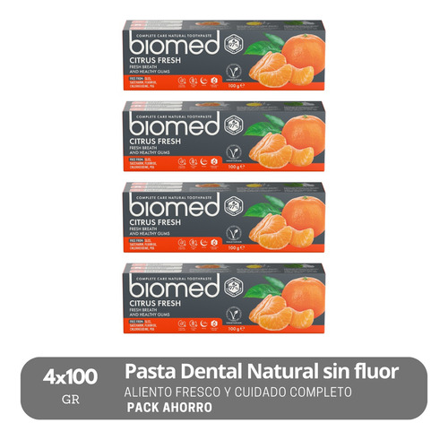 Pack 4 Pastas Dentales Sin Fluor Biomed Citrus Fresh 100g