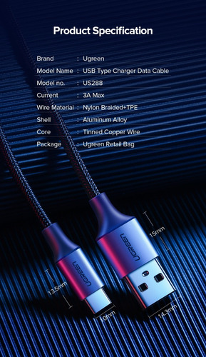 Ugreen Mini Cable Usb Tipo C 25 Cms Carga Rápida Uso Rudo Color Negro
