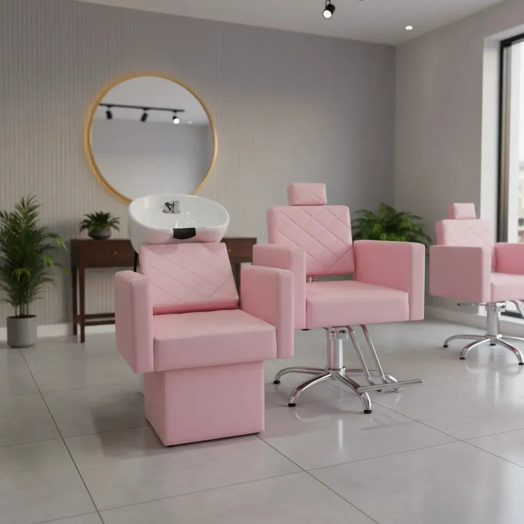 Cadeira E Lavatório Cuba De Porcelana Salo De Beleza Móveis Cor Rosa-claro