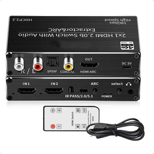 Switch Hdmi 4k 60hz 2x1 Com Extrator De Áudio Uhd Kit C/ 20