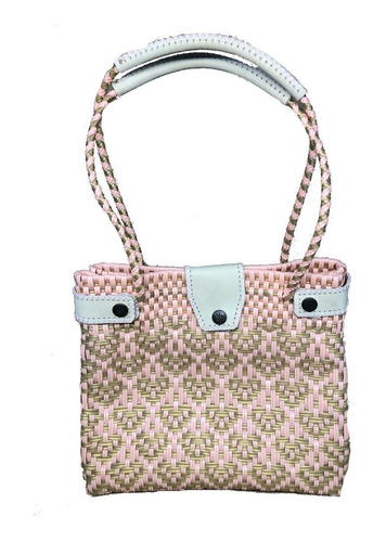 Bolsa Artesanal Toquilla Hecha A Mano Para Mujer Tote Bag Or Acabado De Los Herrajes Níquel Color Dorado Oscuro Correa De Hombro Rosa Claro Con Dorado