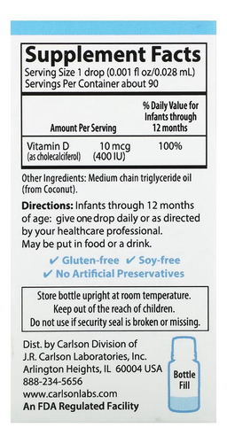 Carlson Labs Baby Super Daily D3 400 Iu (10 Mcg) 2.54 Ml Sabor Sin Sabor