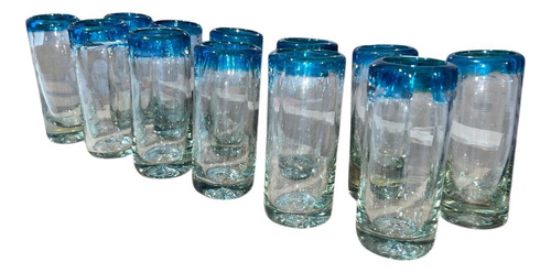 12 Tequileros De Vidrio Artesanales 80ml Con Azul Celeste