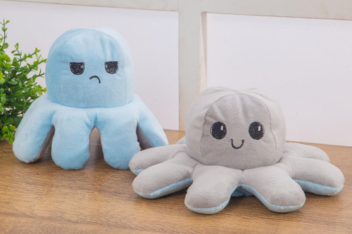 Pulpo reversible de peluche bipolar azul y gris, 14 cm