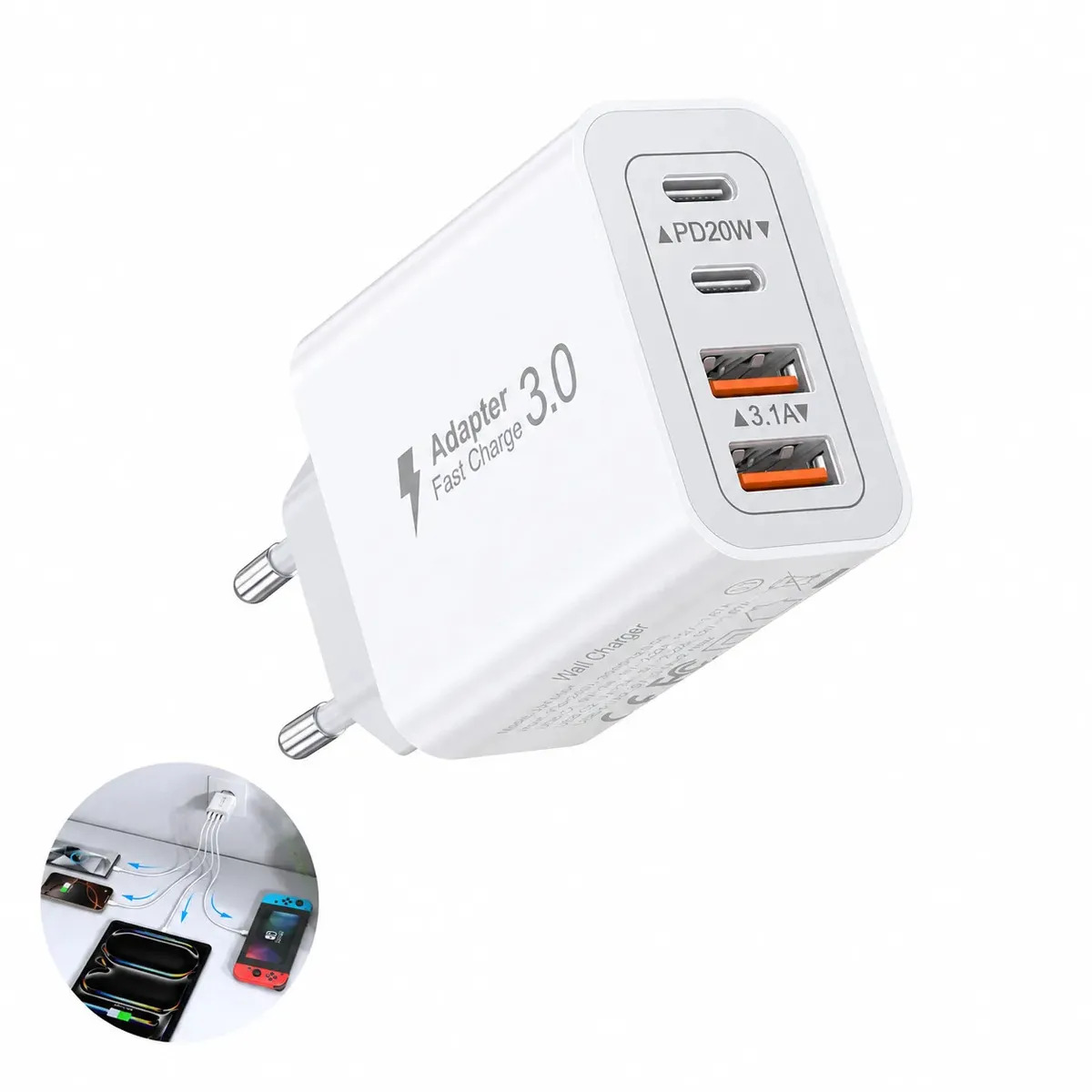 Carregador Turbo de Parede 40W, com 2 USB-C e  2 USB-A para iPhone e Samsung