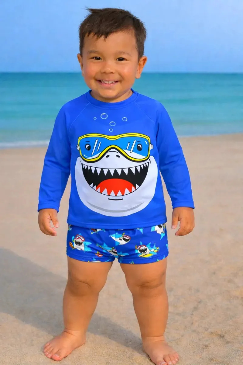 Conjunto Infantil Blusa Sunga Proteção Solar Uv Surfista Cor Azul-celeste Tamanho 10