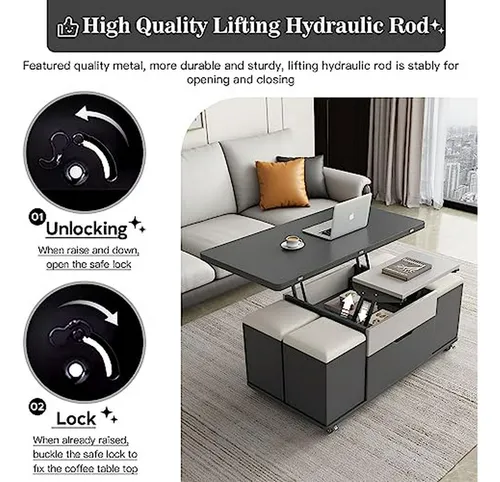 Mesa De Centro Multifuncional Gris Oscuro Con 4 Taburetes, 3