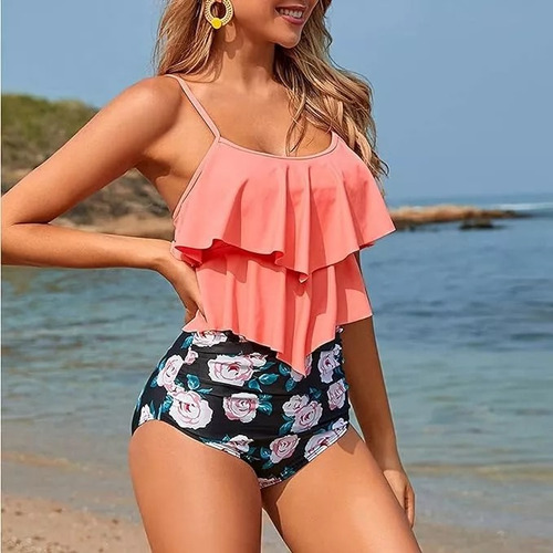 Dama Trajes De Baño Solid Floral Talle Alto Mujer Bikini