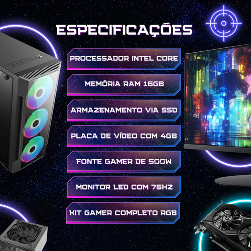 Pc Gamer Completo 2eletro Shot, Intel Core I7, 16gb Ram, Geforce Gtx 4gb, Ssd 480gb, Fonte 500w, Monitor 20 75hz - Pg2e-0106sh