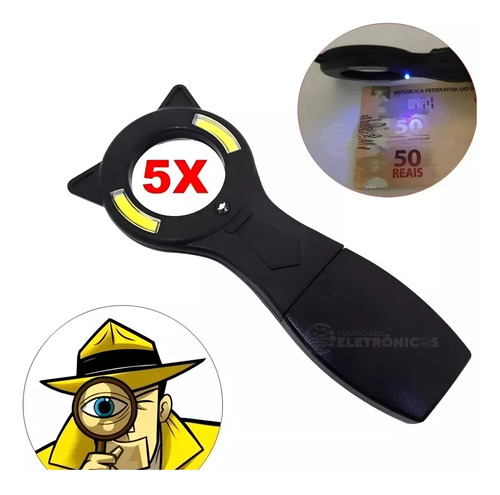 Lupa Portátil 5x Com Led Uv Para Identificar Falsificações