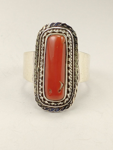 Anillo Coral Rojo Natural Cuadrado Plata Varias Tallas