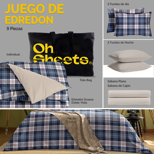 Oh! Sheets Juego De Edredon Microfibra 9 Piezas Individual Azul/beige Cuadrados