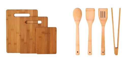 Imagen 1 de 10 de Set Combo Bambú -tablas De Picar + Utensilios De Cocina