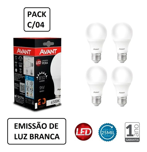 Kit 4 Lâmpada Led 9w Bulbo E27 Bivolt Luz Branca 6500k Avant