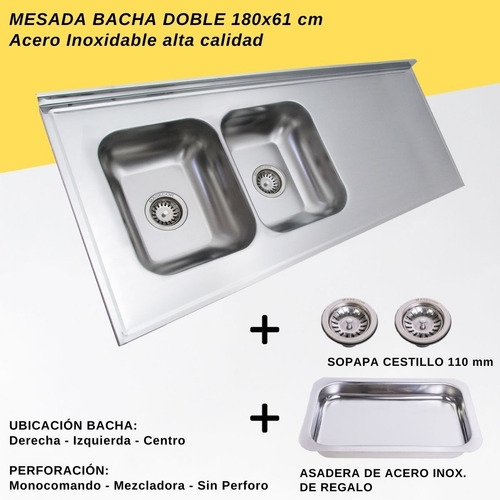 Mesada 180cm Bacha Doble Acero Inoxi De Apoyo P/ Bajo Mesada