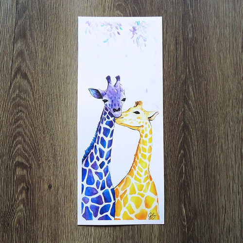 Imagem 3 de 3 de Pintura Em Aquarela Beijo Nas Alturas Girafas Coloridas