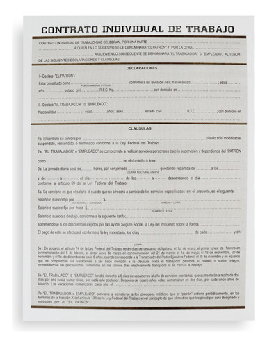 Block Contrato Individual De Trabajo 50 Hojas Tamaño Carta 
