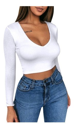 Tops Mujer Polera Sólida Cuello En V Manga Larga Crop Top Sl